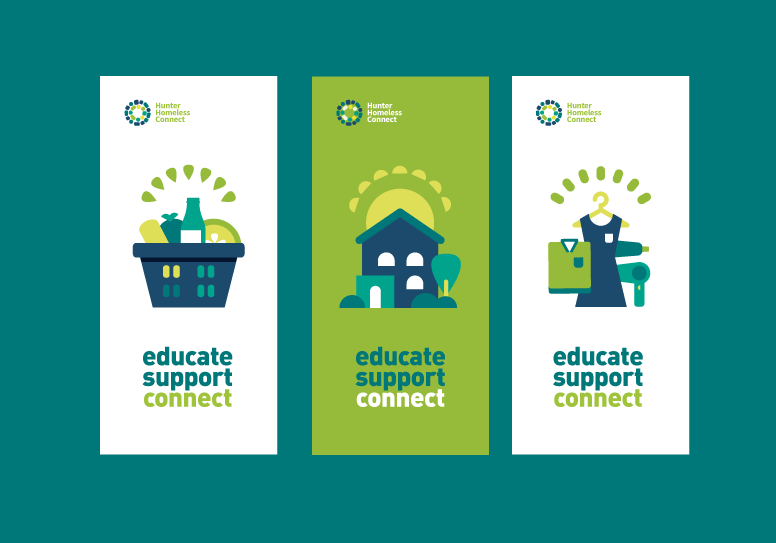 Mezzanine Vector Banners Designed for Hunter Homeless Connect - animated house on green background and groceries on white backgrounds with text, educate support connect